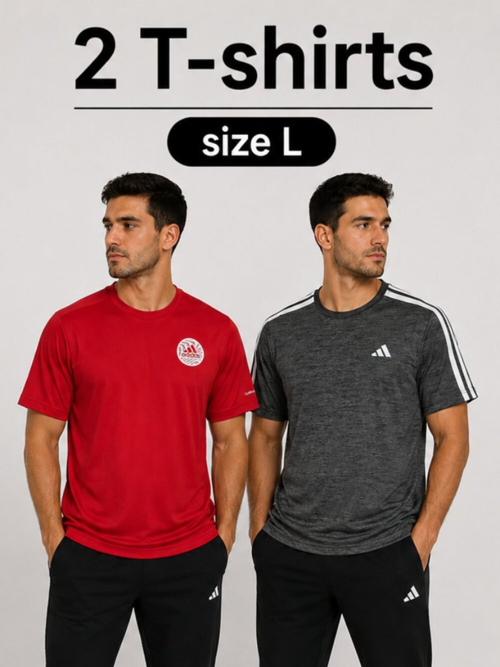 Adidas Mens T-Shirt Bundle 2 Pack Red Climalite/Gray Heather 3-Stripes Size L